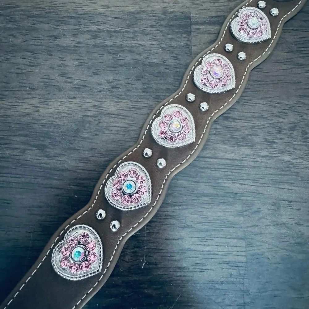 Nocona Belt Co. Pink Rhinestone Bling Silver Hearts Brown Belt